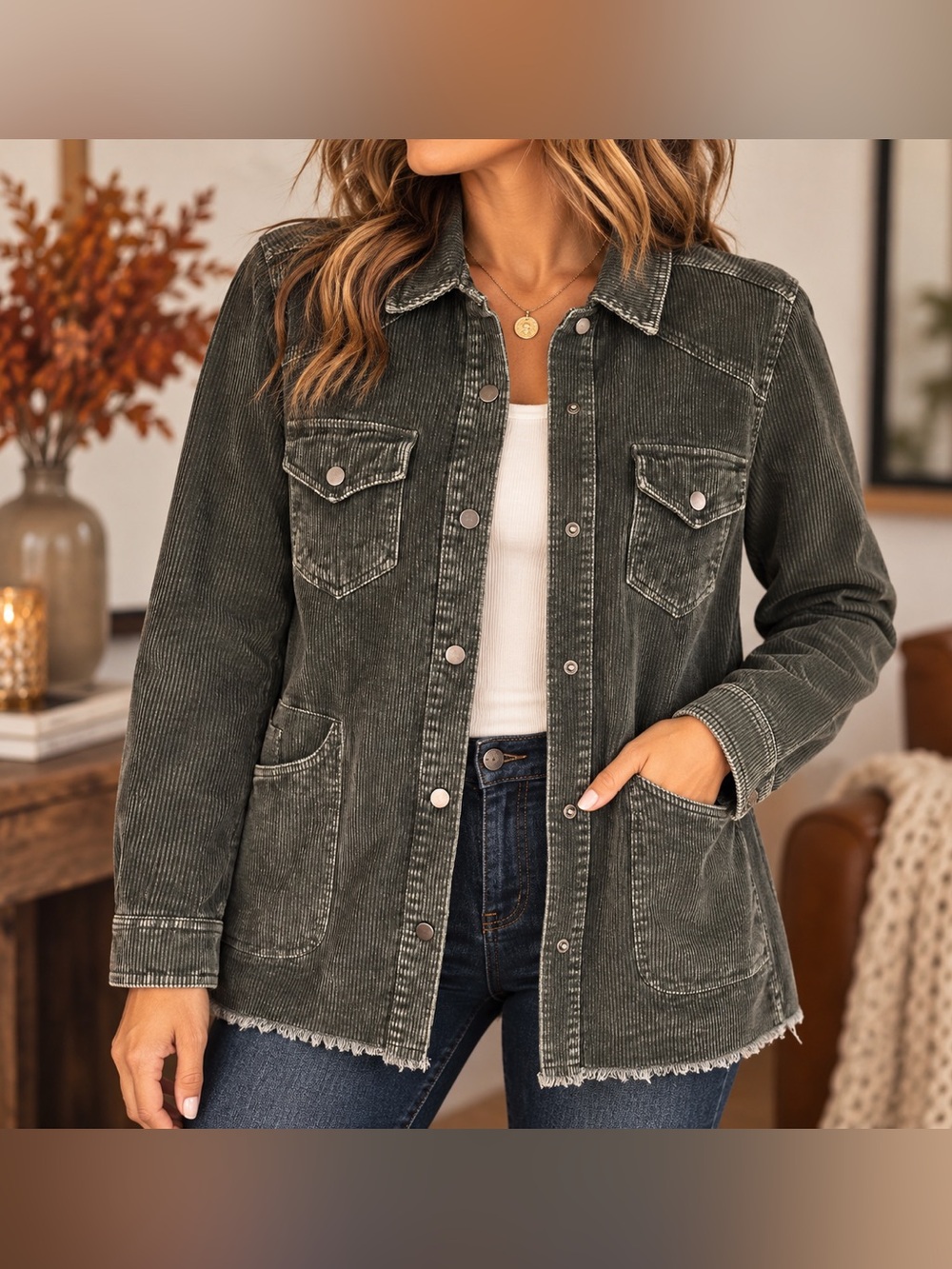 SHE + SKY Olive Green Corduroy Utility Shacket Size S
